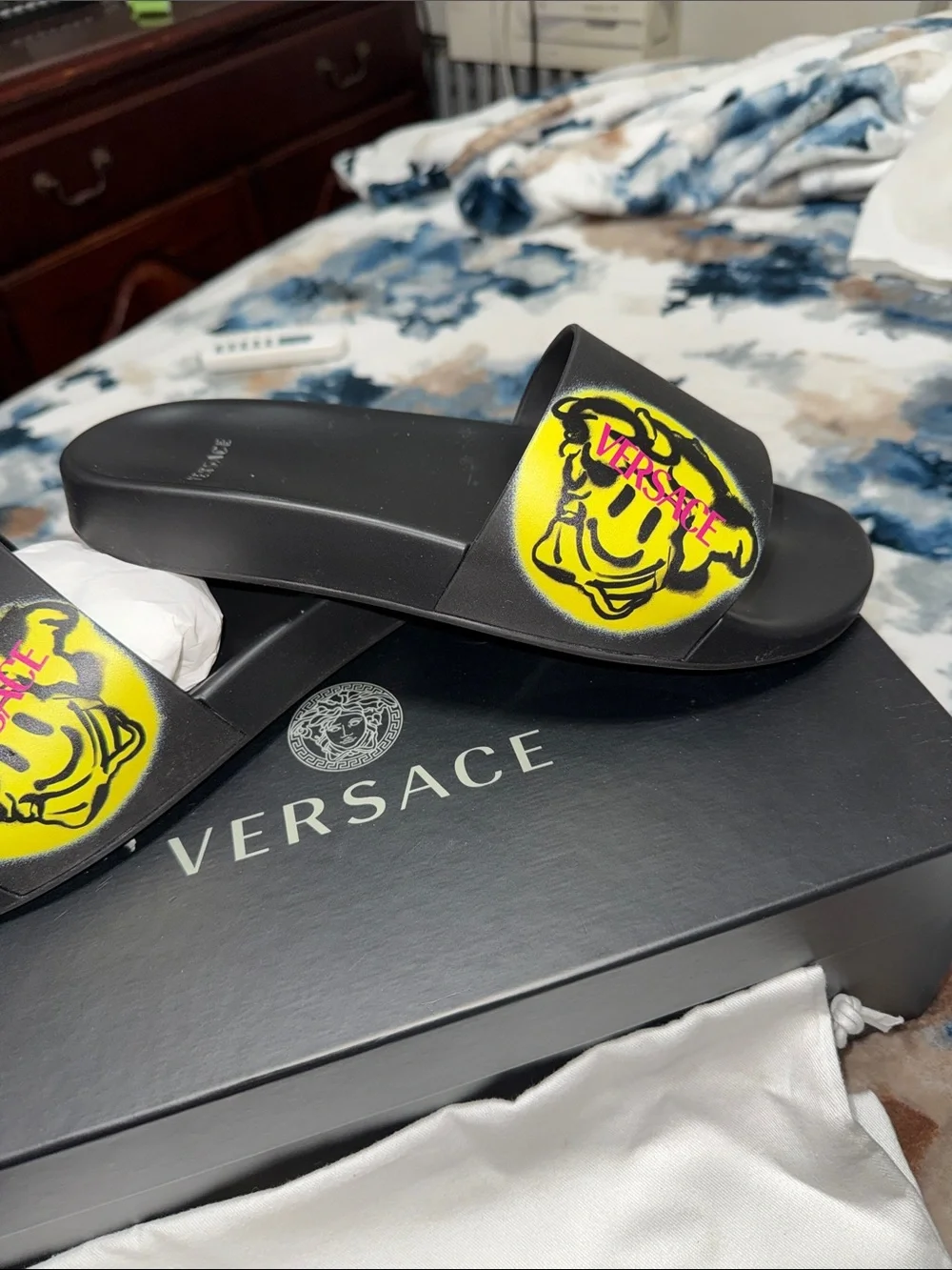 Versace Black Slides with Yellow Medusa Graphic and Pink Accent